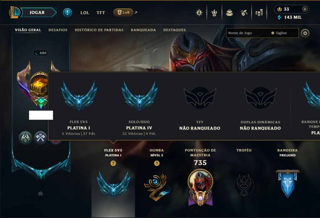 Platina 4 com TODOS os Champs e 257 Skins ( MID / JG / TOP )