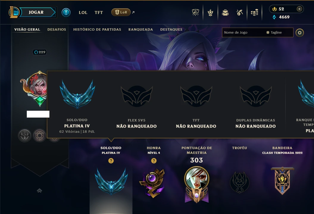Platina 4 com TODOS os Champs e 70 Skins ( MID / ADC / TOP ) - League of Legends LOL
