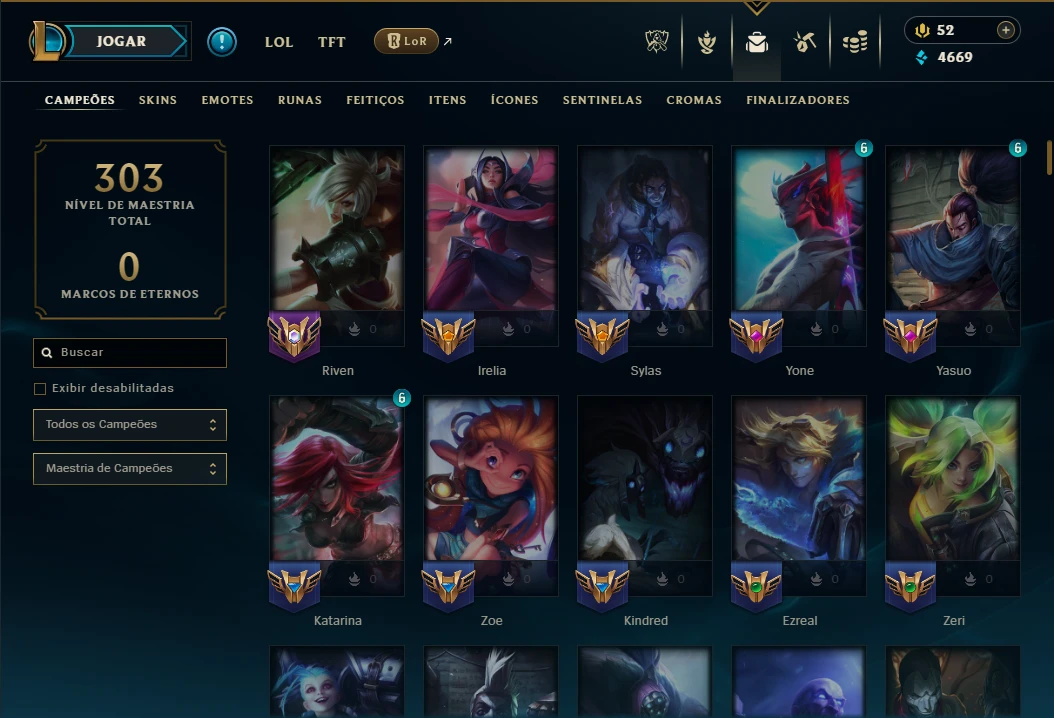 Platina 4 com TODOS os Champs e 70 Skins ( MID / ADC / TOP ) - League of Legends LOL