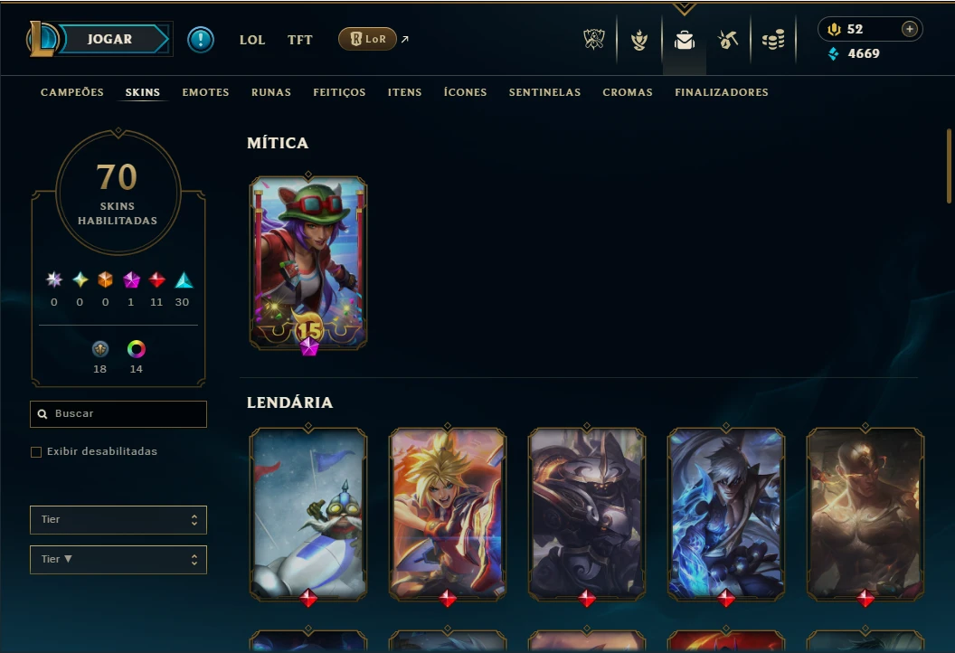 Platina 4 com TODOS os Champs e 70 Skins ( MID / ADC / TOP ) - League of Legends LOL