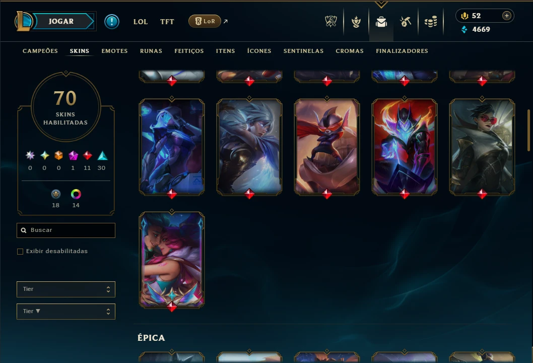 Platina 4 com TODOS os Champs e 70 Skins ( MID / ADC / TOP ) - League of Legends LOL