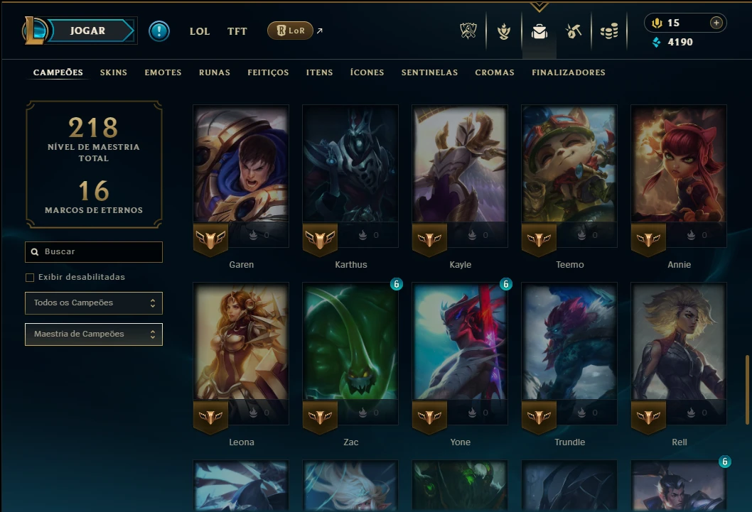 Ouro 1 com 65 Champs e 22 Skins - League of Legends LOL