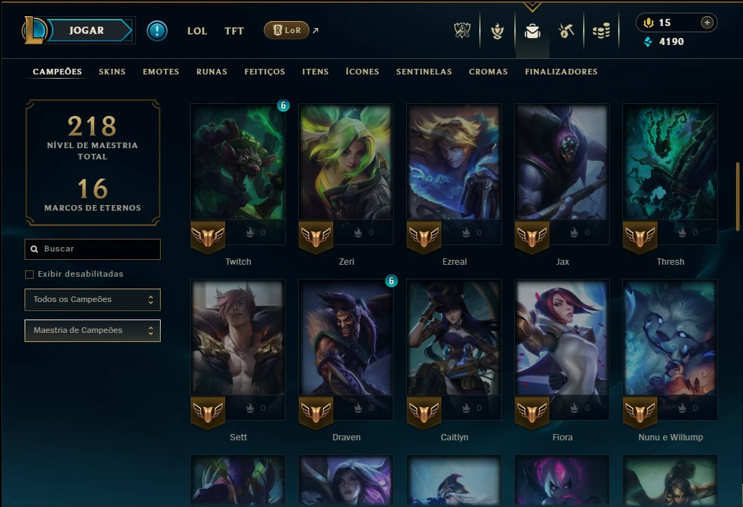 Ouro 1 com 65 Champs e 22 Skins - League of Legends LOL