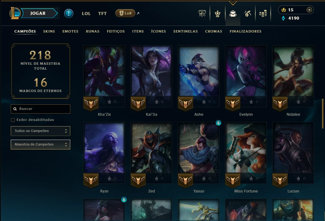 Ouro 1 com 65 Champs e 22 Skins - League of Legends LOL