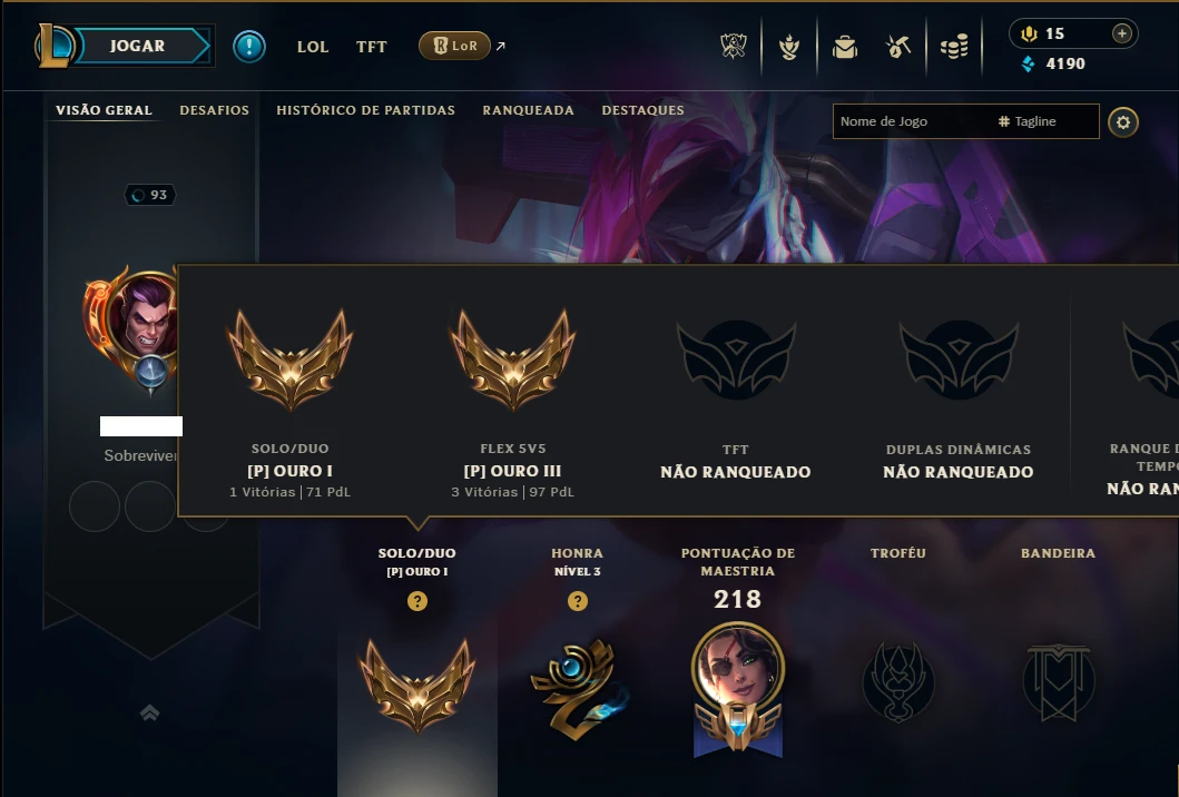 Ouro 1 com 65 Champs e 22 Skins - League of Legends LOL