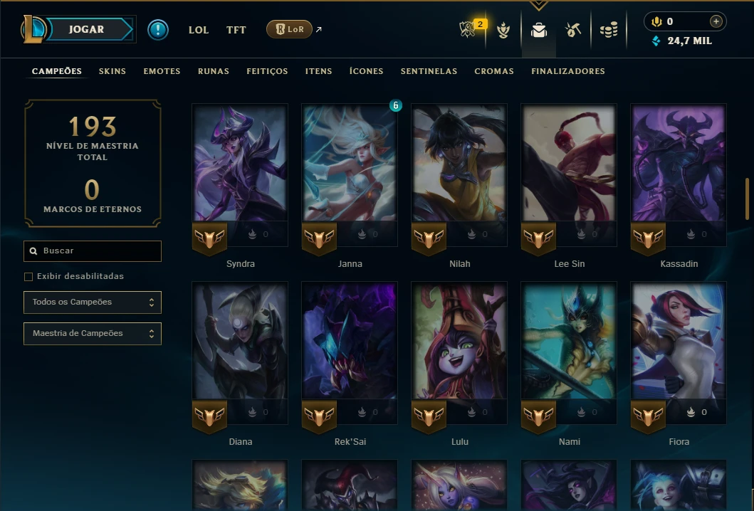 Mestre com 105 Champs e 12 Skins - League of Legends LOL