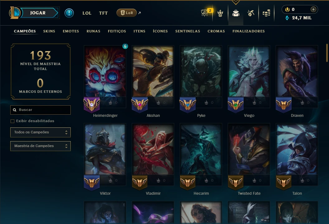 Mestre com 105 Champs e 12 Skins - League of Legends LOL