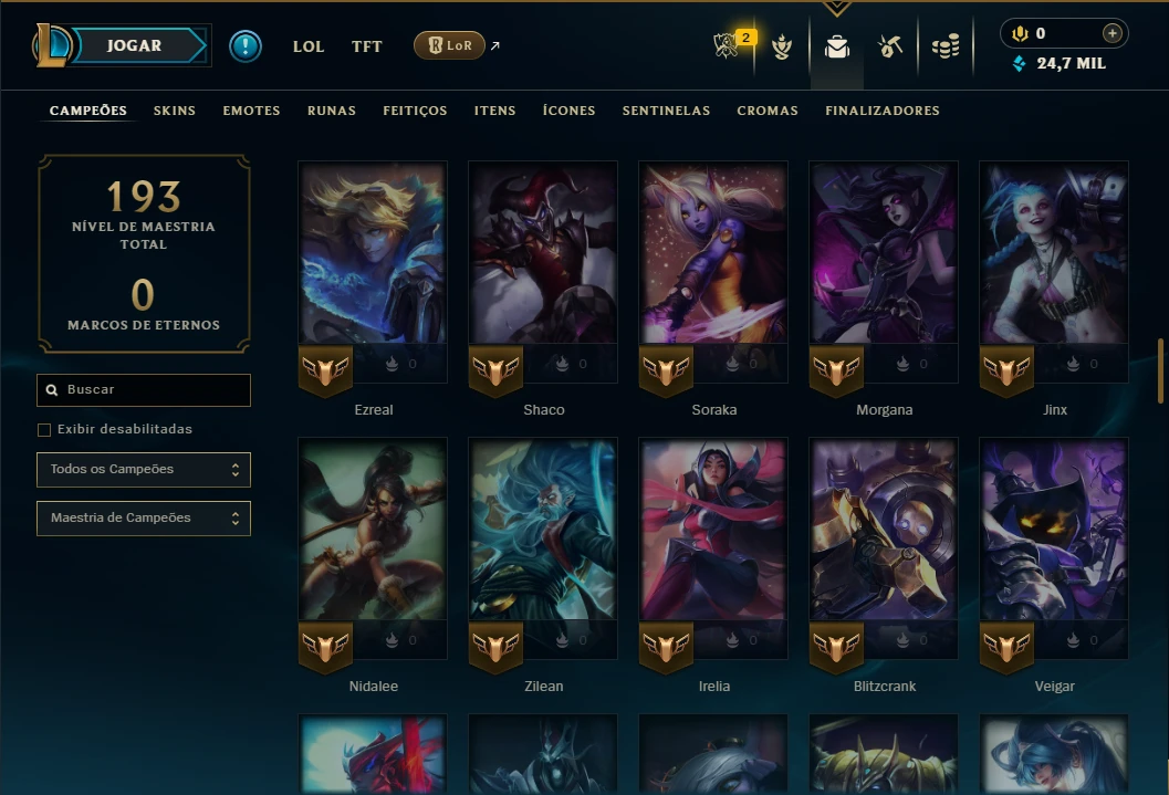 Mestre com 105 Champs e 12 Skins - League of Legends LOL