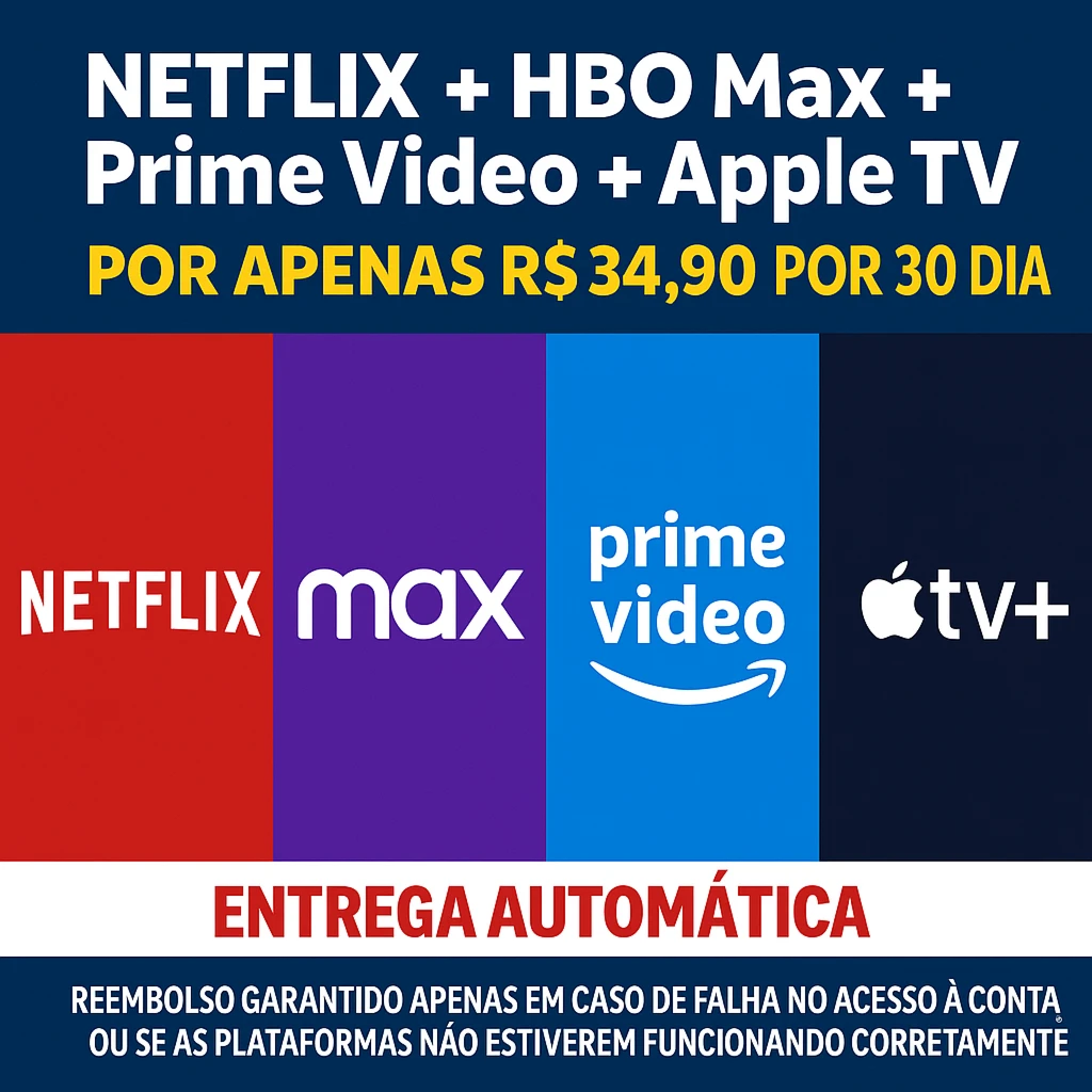 🎬 NETFLIX + HBO Max + Prime Video + Apple TV (30 dias) - Assinaturas e Premium
