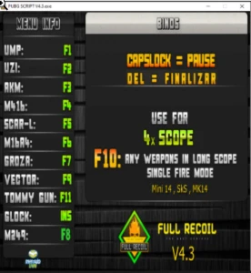 🛠️ PUBG Script V4.3 – Anti Recoil Otimizado + Bind Menu Com