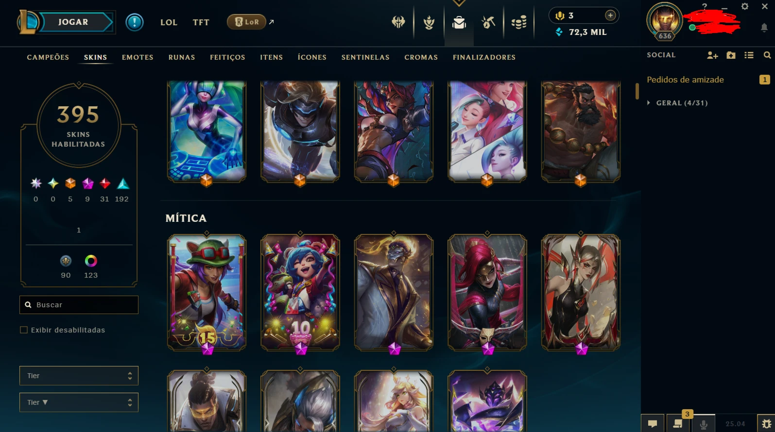 395 Skins Todos Campeões, 72K Ea 5 Skins Prestigio 9 Miticas