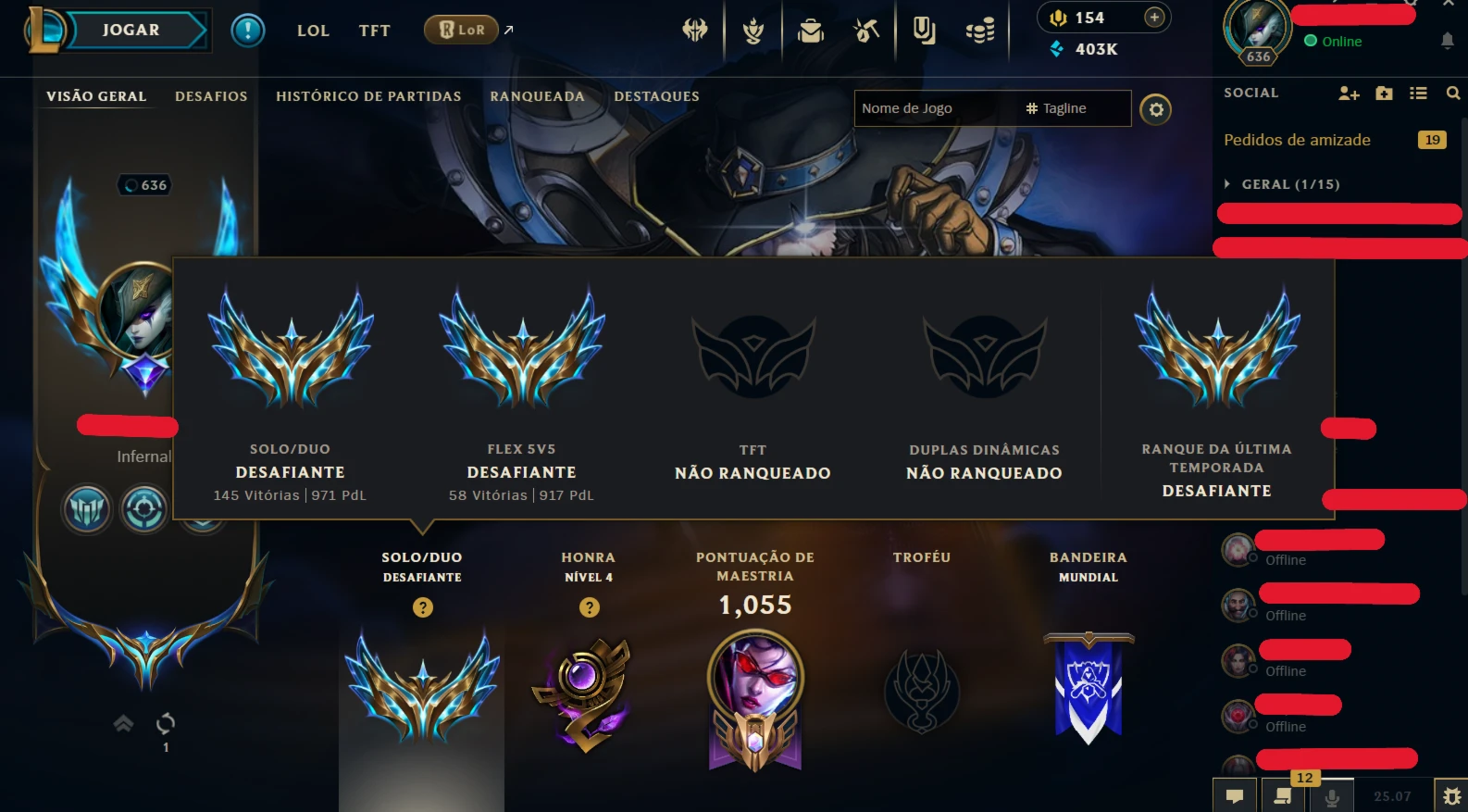 Conta LoL - EX CHALLENGER - PAX TF  314 Skins - 747 Icones