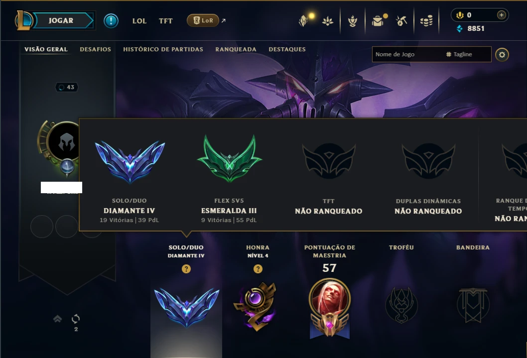 Diamante 4 com 45 Champs e 7 Skins