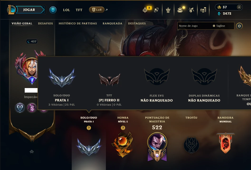 Prata 1 com TODOS os Champs e 195 Skins ( JG / MID / TOP )