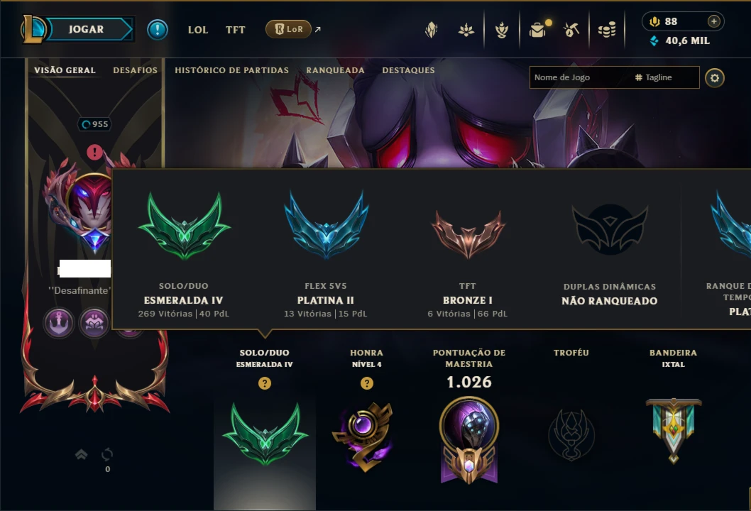 Esmeralda 4 com TODOS os Champs e 360 Skins ( Nivel 955 )
