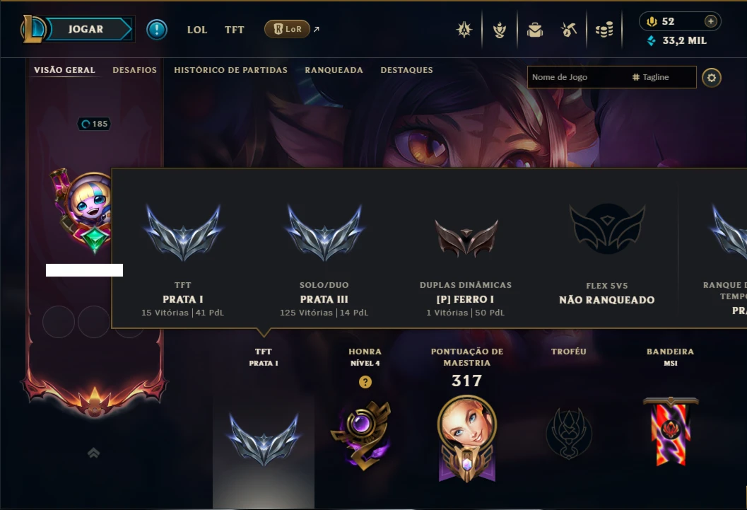 Prata 3 com 120 Champs e 114 Skins  ( ADC / SUP / TOP )