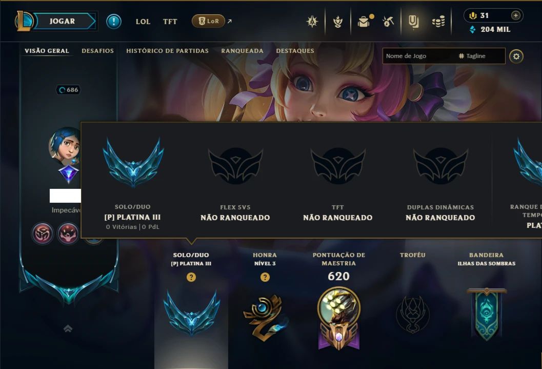 Platina 3 com TODOS os Champs e 259 Skins +2 Prestigios