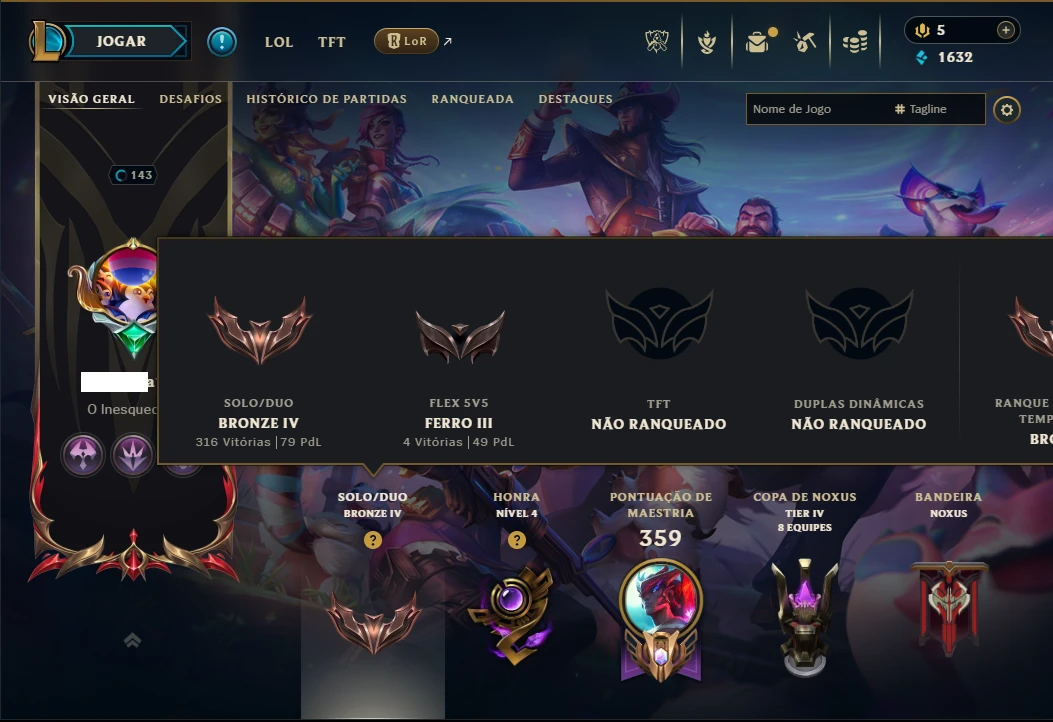 Bronze 4 com 150 Champs e 45 Skins +3 Prestigios +1 Exaltada