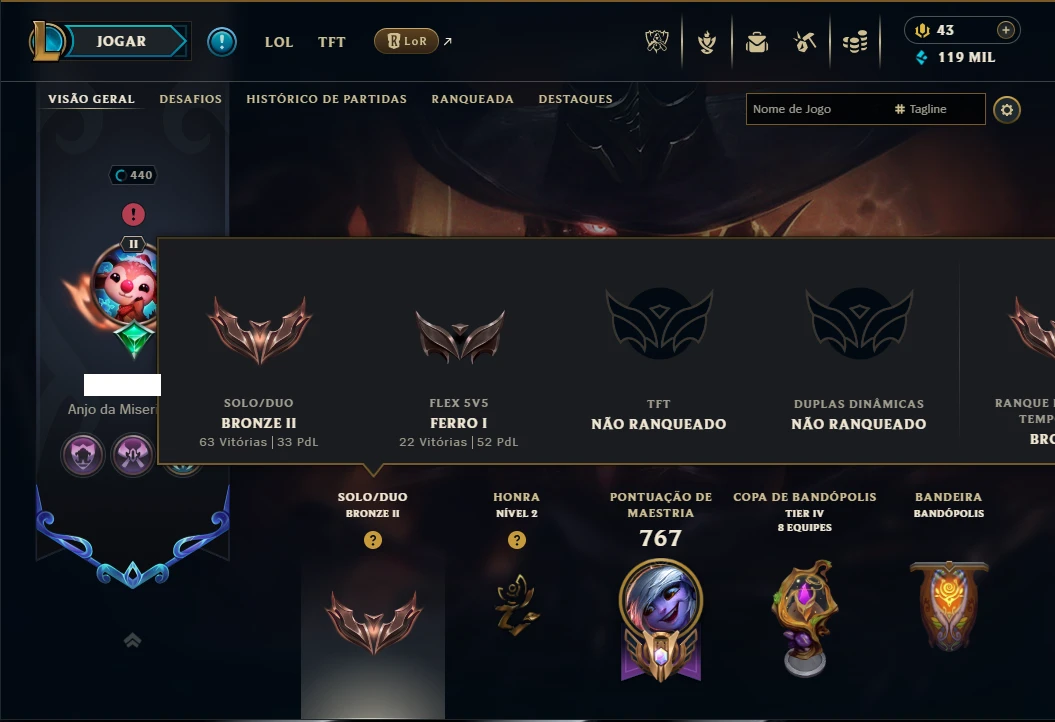 Bronze 3 com TODOS os Champs e 187 Skins ( ADC / SUP / MID )