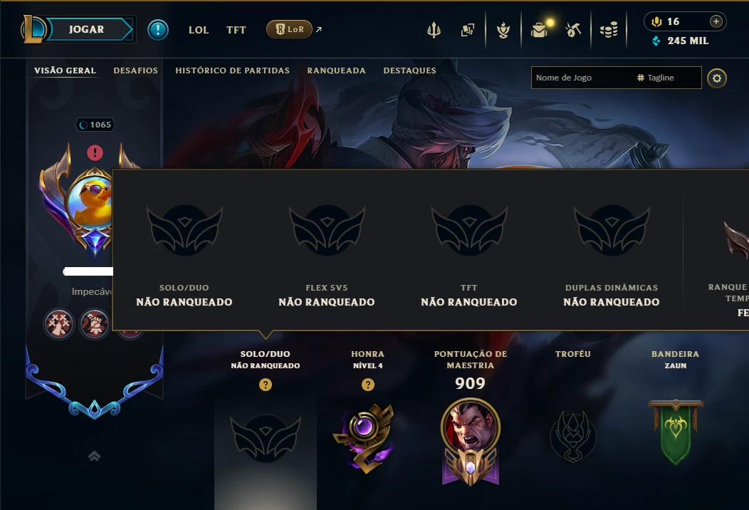 Unranked com TODOS os Champs e 367 Skins ( Nivel 1065 )