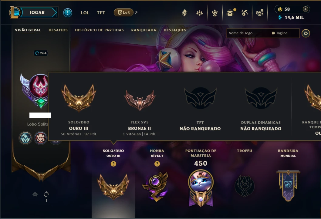 Ouro 3 com 125 Champs e 102 Skins ( SUP / MID )