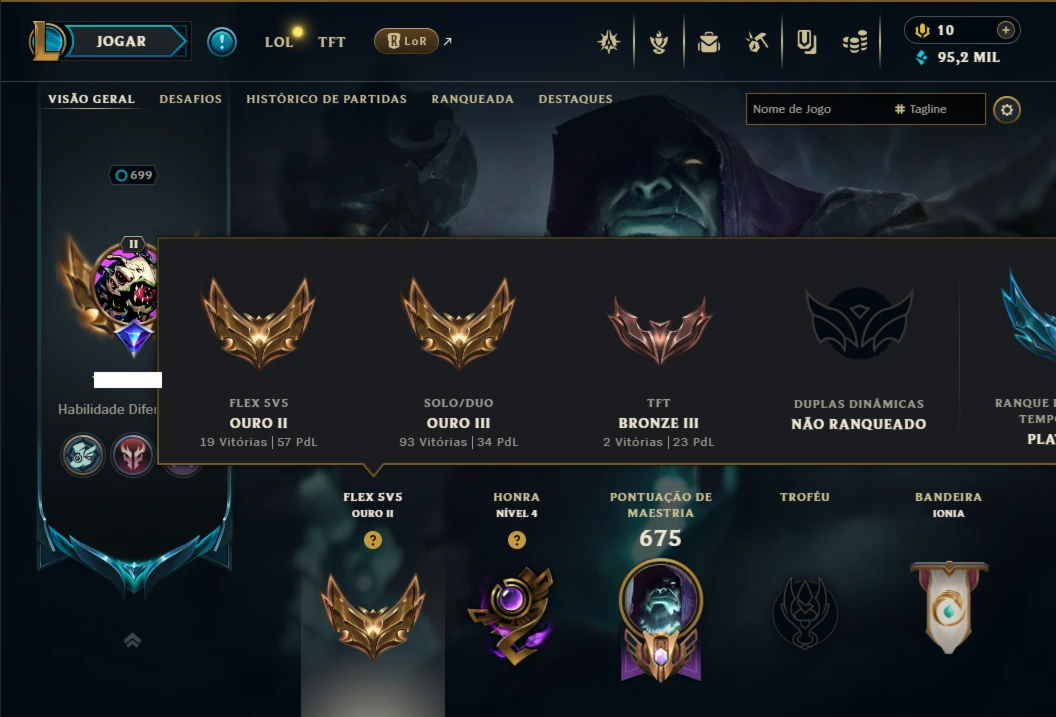 Ouro 3 com TODOS os Champs e 281 Skins ( ADC / JG / TOP )
