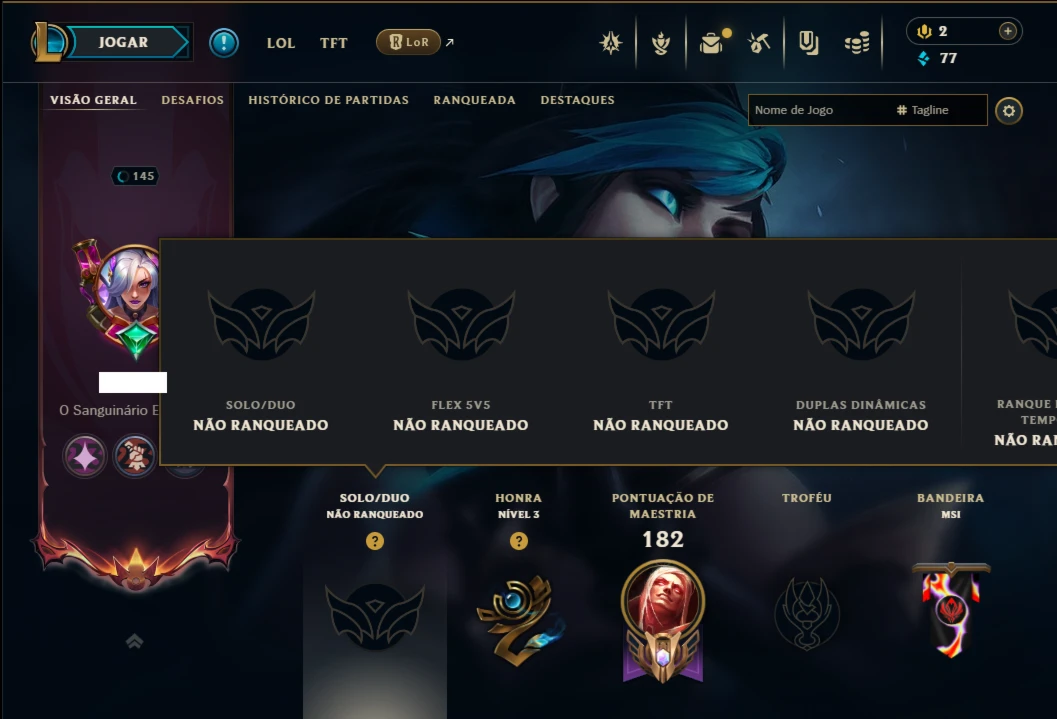 Unranked com 85 Champs e 70 Skins +4 Prestigios