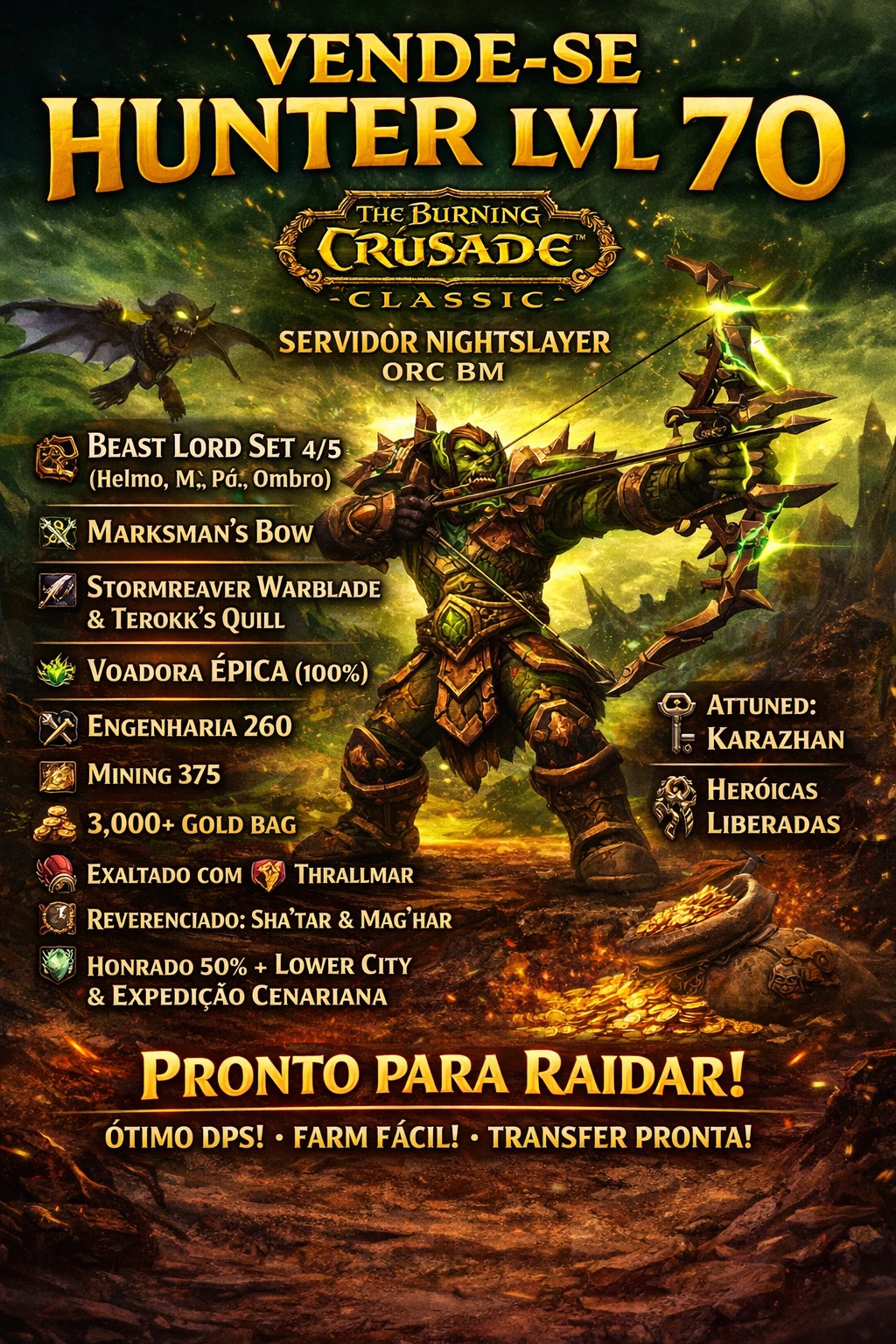 wow tbc Hunter 70 nightslayer,set beast 4/4 e 3k gold