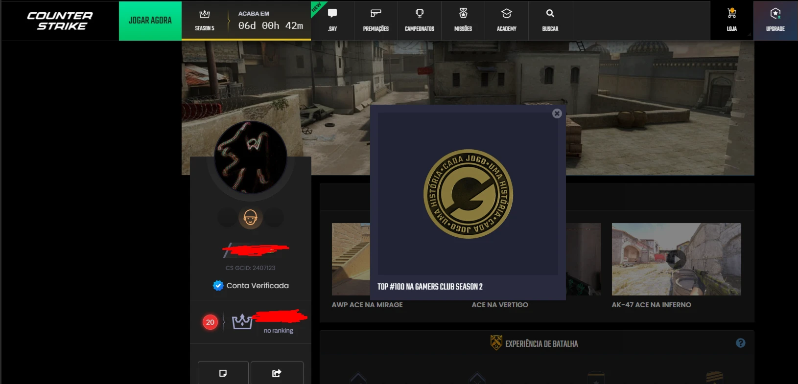 Conta Gamers Club Verificada Level 20 + PIN Top100 Season2