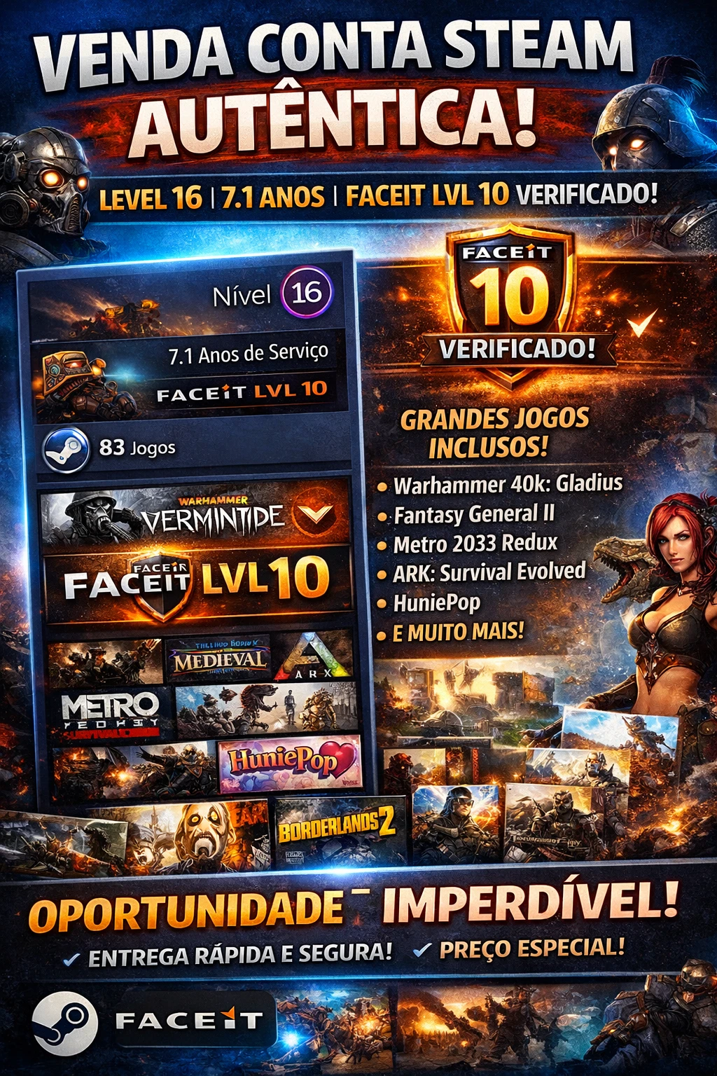 Conta Steam 7 Anos + Faceit Lvl 10 Verificado + 65 Jogos
