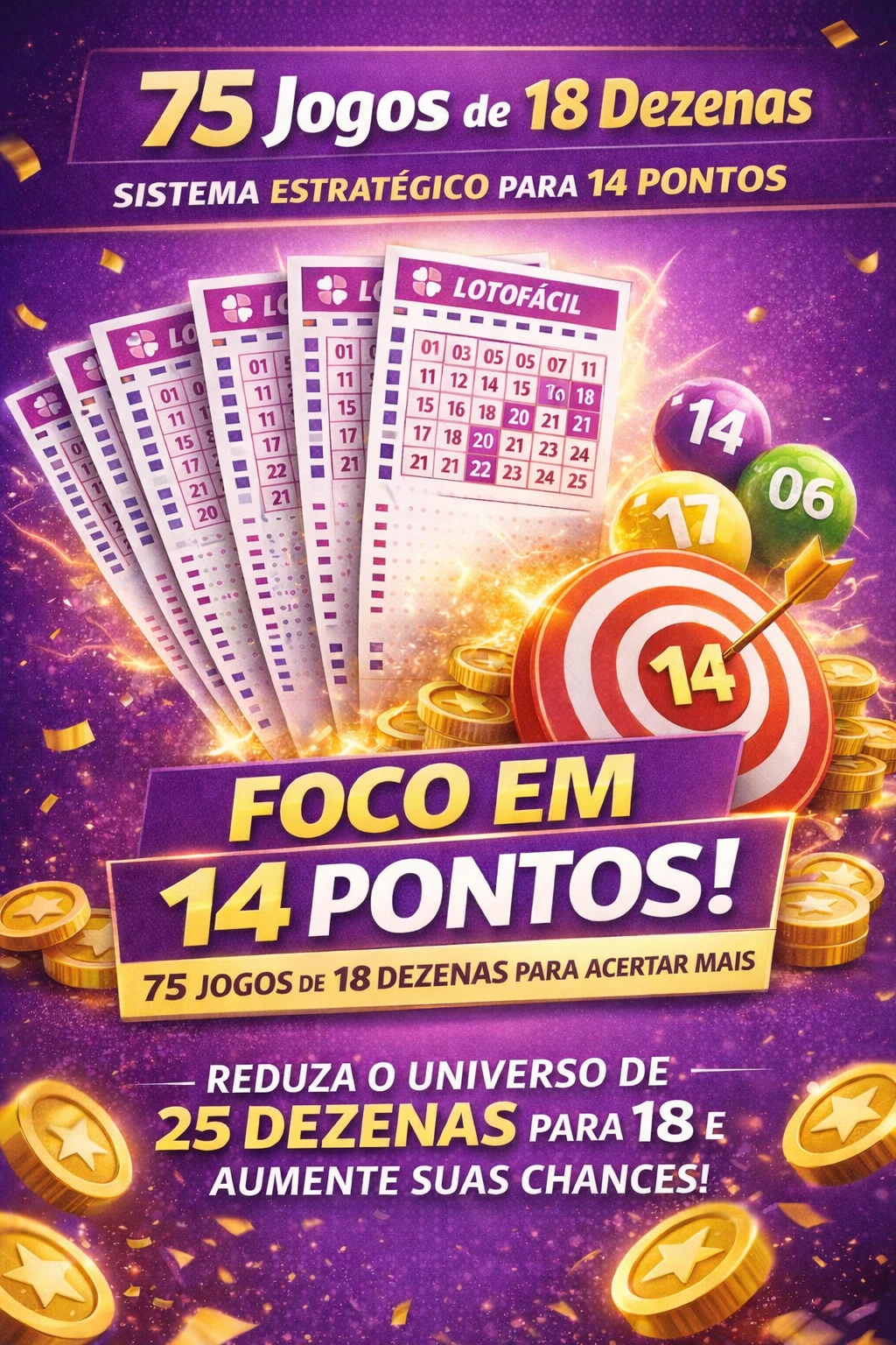 Lotofácil | 75 Jogos de 18 Dezenas –COM 14 PONTOS