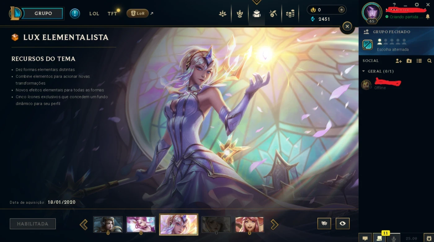 Conta League Of Legends sem Rank - Lux elementalista