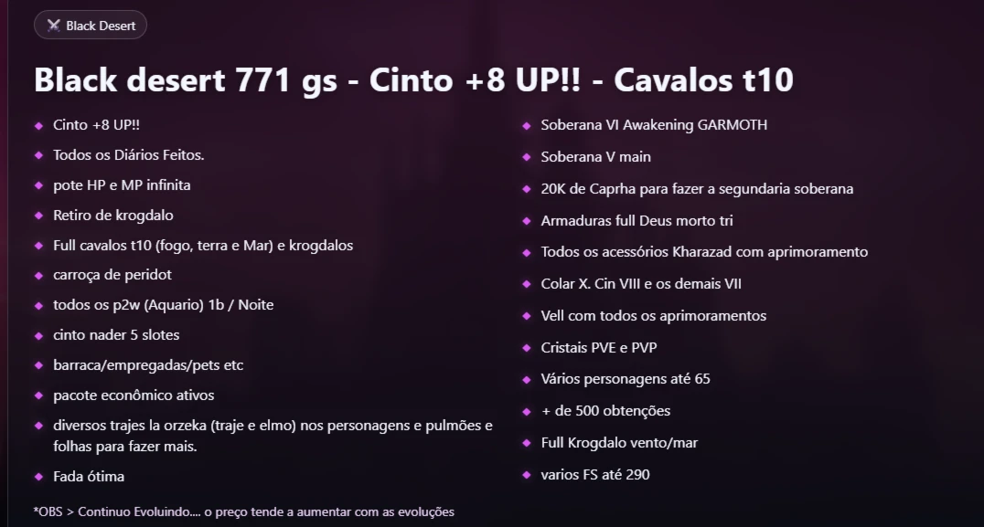 ⚔️Conta Black Desert – 771 GS | Cinto +8 UP!! | Cavalos T10⚔