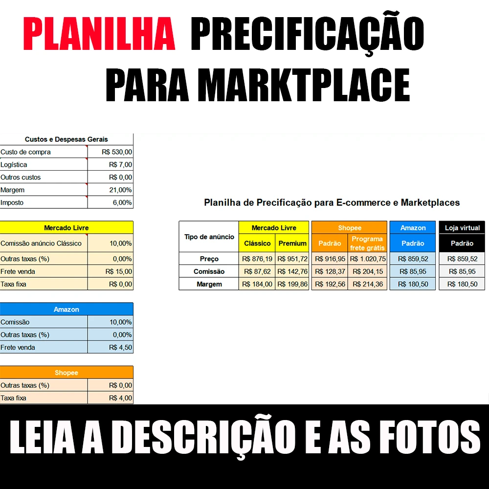 Planilha de Precificação -  Mercado Livre / Shopee / Amazon