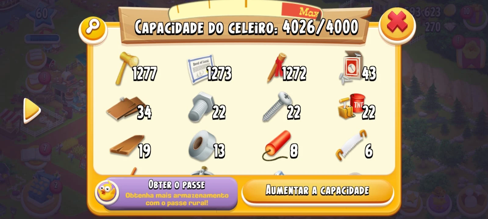 Fazenda Hay Day com expansões de terra nível 40