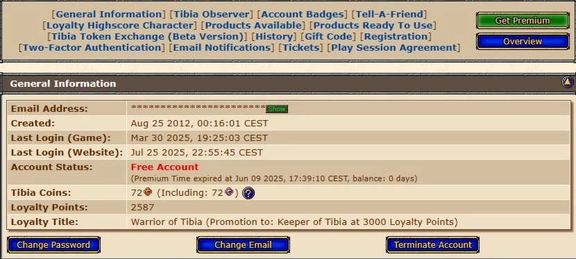 Conta Tibia 35% Loyalty (Com Carta de Rk)