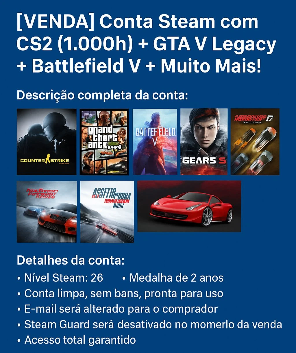 Conta Steam com CS2 (1.000h) + GTA V Legacy + Battlefield V