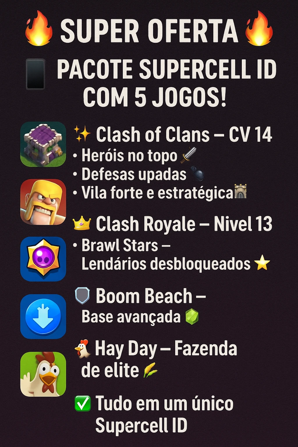 Conta Supercell Id Com 5 Contas Super Evoluidas