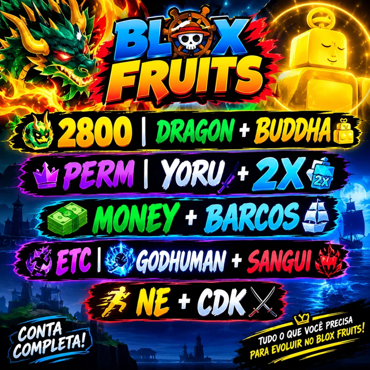 Conta de blox fruits com vários passes raros - Roblox - DFG