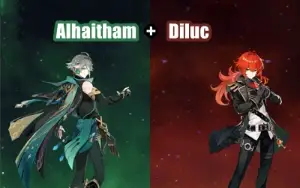 Contas Genshin Impact AR 7 com Alhaitham e Diluc