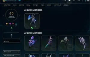 Conta LoL criada em 2014, elo mestre, 68k+ EA, 629 skins