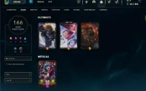 Ouro 1 com TODOS os champs e 166 Skins + 43 Cromas