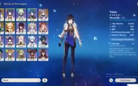Keqing 5★, Alhaitham 5★, Yelan 5★ e alguns personagens t4