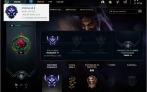 Conta diamante 4 com 62% de win rate, 4 skins e 22 champs