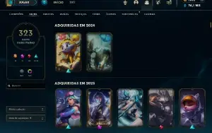 Conta LOL D4 323skins, todos os camps hab, 76k EA, 1k rp