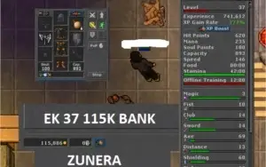 rp 46 luminera, ek 37 zunera + 25 tibia coins + 120k bank