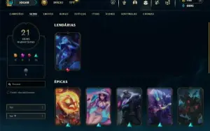 Platina 3 com 35 Champs e 21 Skins + 2 Fragmentos de skins