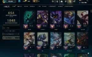 Ouro 1 com TODOS os Champs e 227 Skins ( MID / JG / SUP )