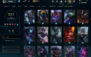 Ouro 1 com TODOS os Champs e 227 Skins ( MID / JG / SUP )