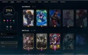 CONTA LOL - ALL CHAMPIONS + 294 SKINS - 3 SKIN MISTICAS